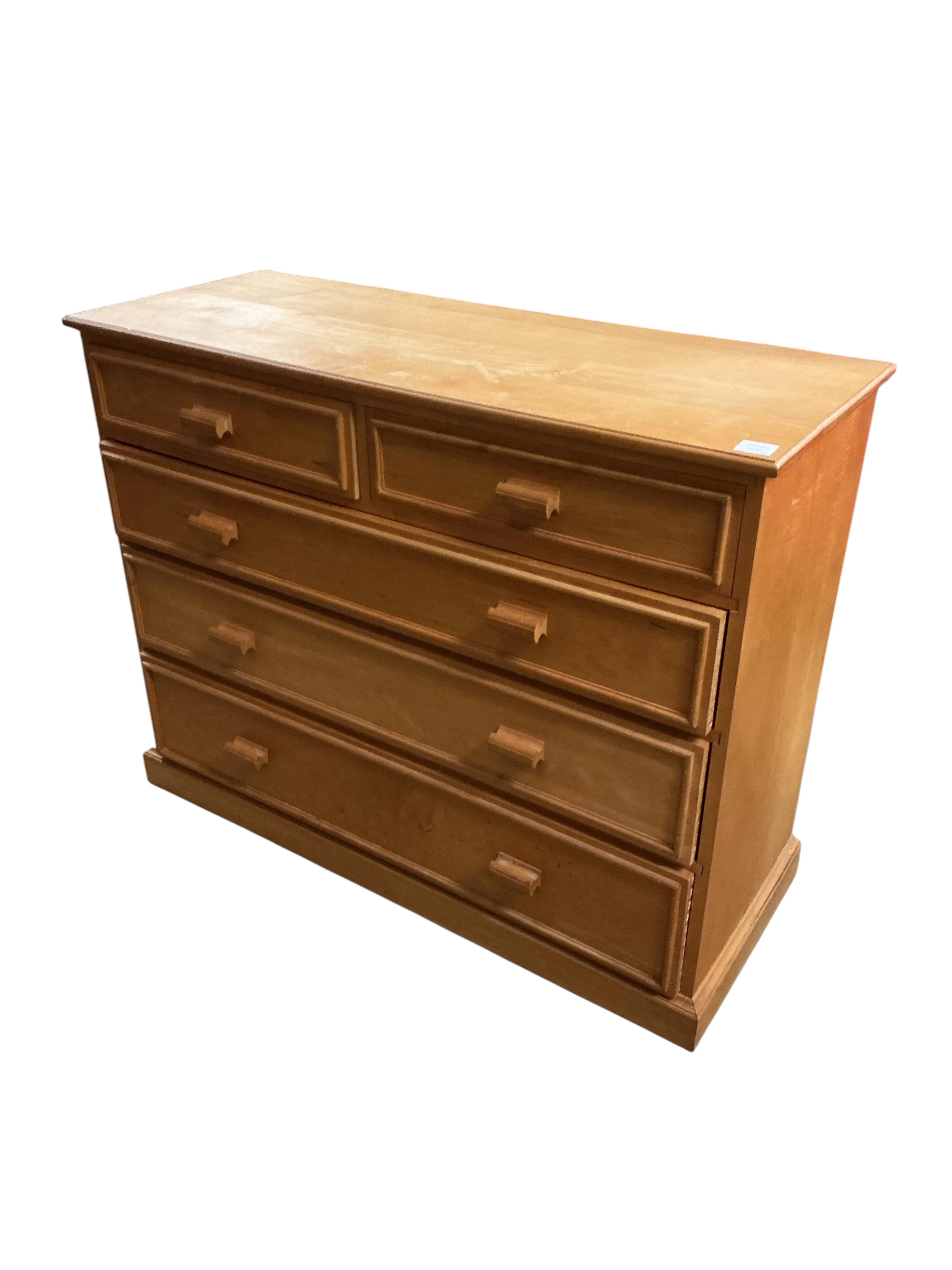 A Contemporary maple chest of five drawers, width 117cm, depth 46cm, height 92cm together with a maple narrow chest of drawers and a maple bedside cabinet